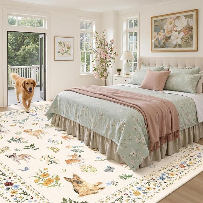 Soalmost Dog 8x10 Area Rugs for Living Room, Washable Animal Soft Rug Beige | Floral Vintage Non-Slip Low Pile Cute Throw Large Rugs for Classroom Bedroom Dining Room Nursery Playroom 8' x 10'