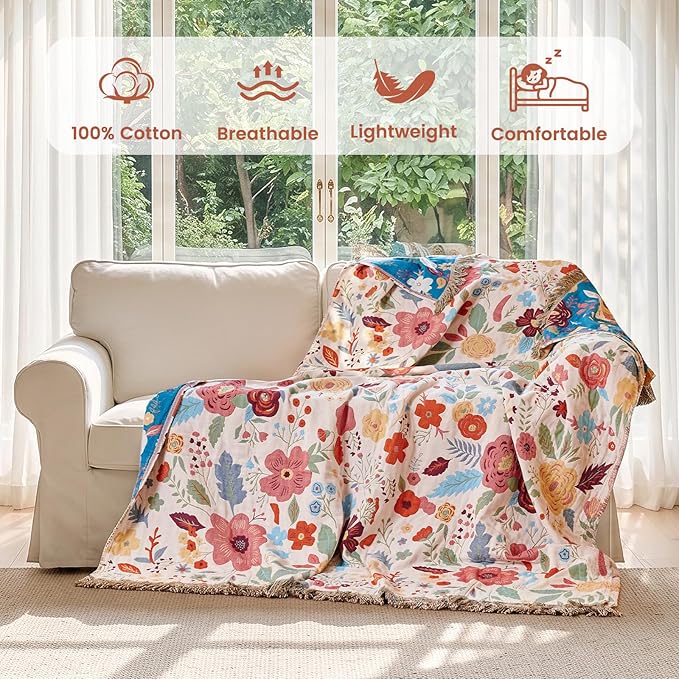 MSGKV Boho Throw Blanket 50"x60" Summer Cotton Floral Blanket for Couch | Muslin Throw, Floral Pattern, Reversible Woven, Lightweight Comfort, Farmhouse Decor, All Seasons, Machine Washable