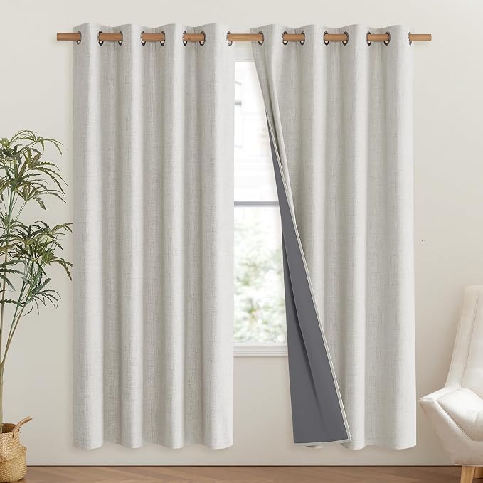 NICETOWN Snowbound Vintage Linen 100% Blackout Curtains for Living Room, Thermal Insulated Curtains 72" Long, Noise Reducing Window Treatment Drapes for Hall Room, 52" Wide Per Panel, Set of 2