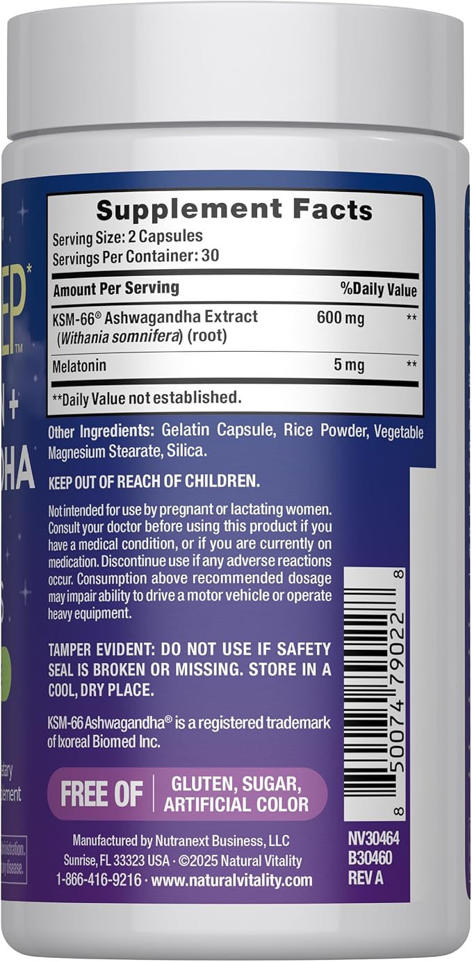 Natural Vitality Calm Sleep Melatonin and Ashwaganda KSM-66 Capsules | 100% Drug Free | 60 Count