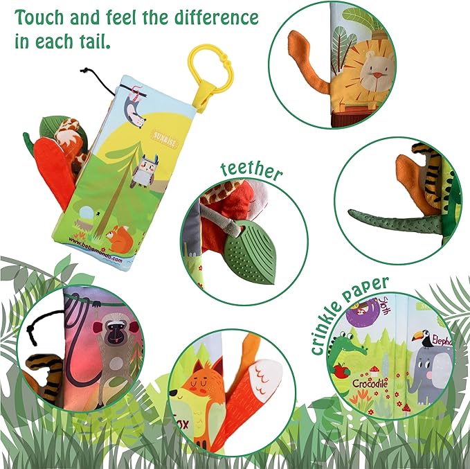 bebe mondo Jungle Baby Stroller Toys,Baby Books 0-6 Months,Touch and Feel Crinkle Cloth Books for Babies Infant Newborn Toys 0-3-6-12-18 Months, Interactive,Shower Gifts for Boys Girls