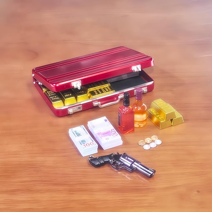 1:6 Scale Miniature Briefcase Set - Includes Fake Gold Bars, Bundles of $100 Mini Dollar Bills, Vintage Coins and Mini Weapons - Unique Adult NoveltyToy & Dollhouse Accessories (Red)