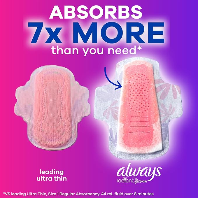 Always Radiant Feminine Pads For Women, Size 3 Extra Heavy Flow Absorbency, With Flexfoam, With Wings, Scented, 22 Count