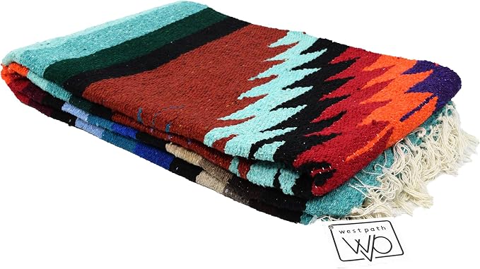 Open Road Goods Aztec Navajo Style Blanket, Throw, or Yoga Bolster - Handwoven Mexican Diamond Blanket (Multi Rust)