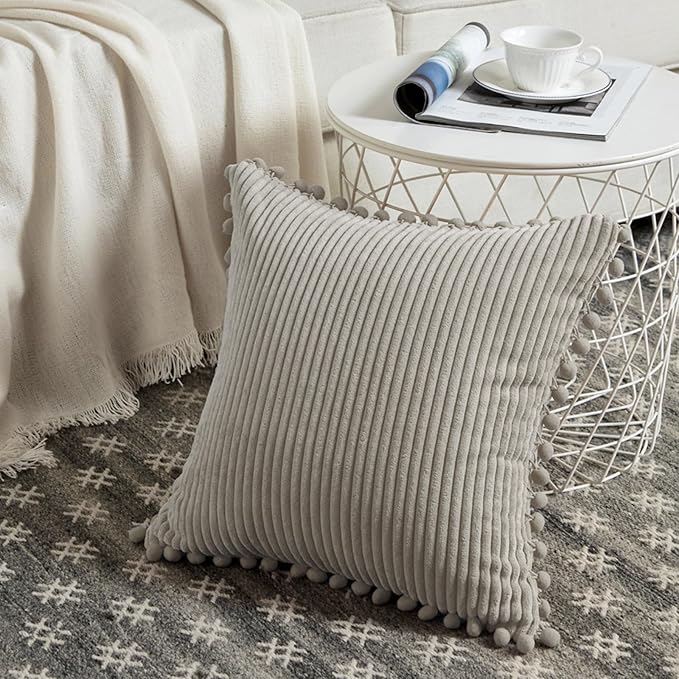 Fancy Homi Set of 2 Neutral Taupe Decorative Throw Pillow Covers 12x12 Inch with Pom-poms for Couch Bed Sofa, Modern Farmhouse Boho Home Decor, Soft Plush Corduroy Cute Cushion Case 30x30 cm