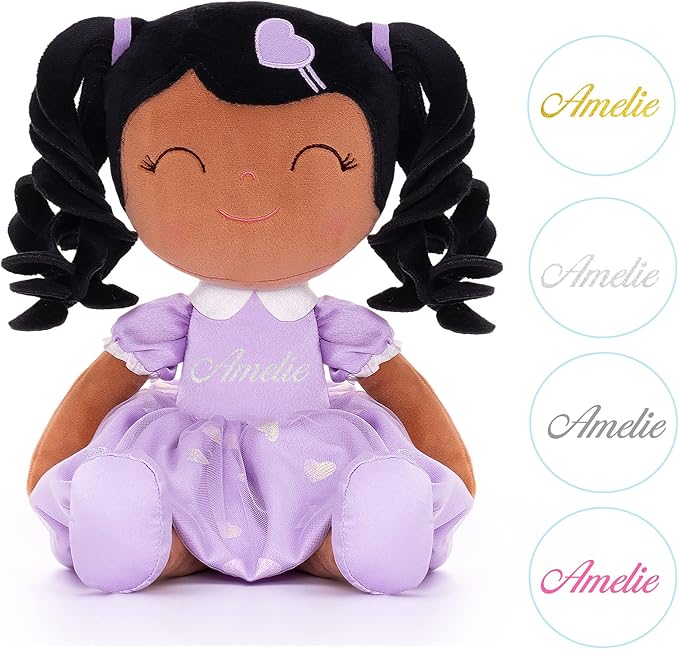 Gloveleya Personalized Baby Doll – Custom Name Rag Doll with Curly Hair & Purple Heart Dress | Birthday Gift for Girls Toddlers Kids | Soft Keepsake Plush Toy 16"
