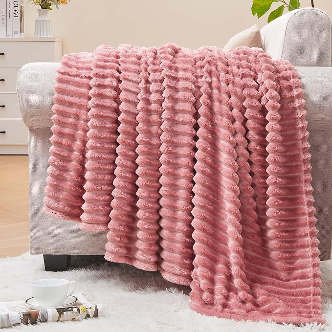 BEDELITE 3D Ribbed Jacquard Pink Fleece Twin Blanket for Bed, 60x80 Inch | Soft Warm Decorative Fluffy Blanket, Cozy Plush Lightweight Fuzzy Throw Blanket for Couch Sofa Room Decor, Gift for Women