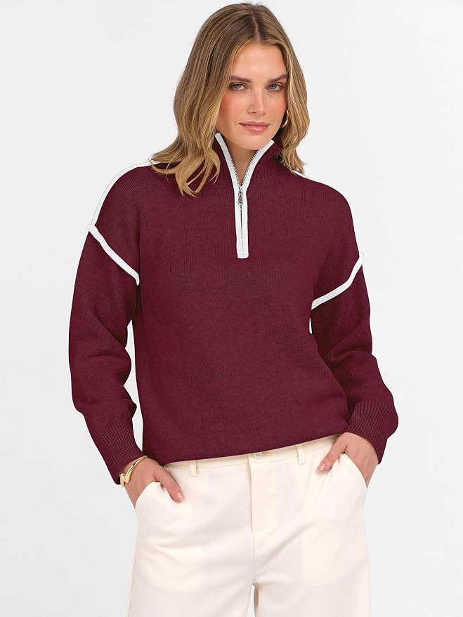ANRABESS Womens Quarter Zip Sweaters Fall Long Sleeve V Neck Shirts Collared Business Casual Tops Knit Pullover Sweatshirts