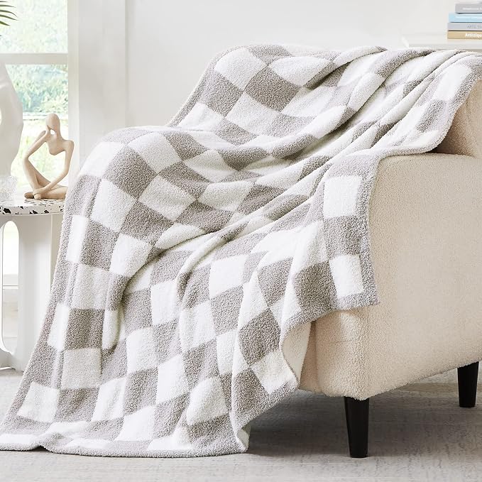 Soft Twin Size Checkered Blanket for Bed-Cozy Knitted Blankets | Lightweight Fluffy Warm Decor for Women, Mom, Her & Girls, Sofa, Chair, Couch, 60x80in,Light Grey