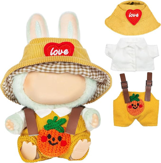17cm Design Clothes for Labubu Doll - Kawaii Chic Style Set for 17cm Dolls, Cute Doll Outfit with Accessories - White Shirt + Yellow Pumpkin Romper + Heart Shaped Yellow Hat (Clothes Only)