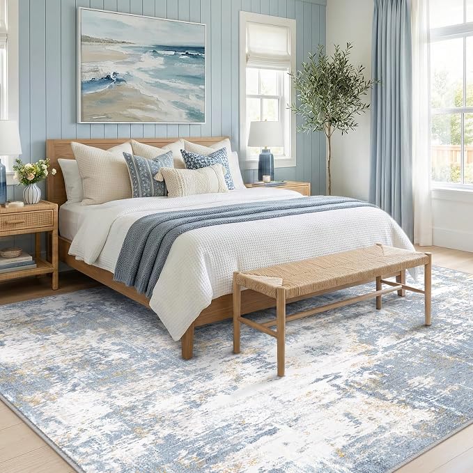 RELEANY Washable 8'x10' Abstract Area Rug for Living Room Light Blue | carpet for bedroom, kitchen, office, hallway and entryway, printed pattern, non-slip, soft, stain-resistant, easy to clean