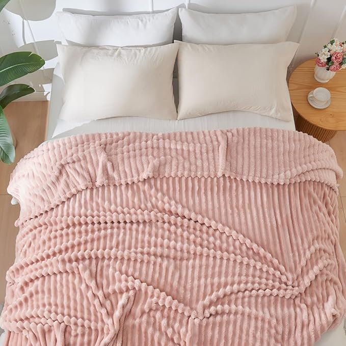 NEWCOSPLAY Super Soft Queen Blanket Pink Premium Silky Flannel Fleece 3D Ribbed Jacquard Lightweight Bed Blanket All Season Use (Pink Ribbed, Queen(90"x90"))