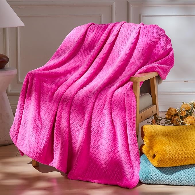 NEWCOSPLAY Fleece Leaves Pattern King Blanket, Hot Pink, 90"x110" | Super Soft Throw Blanket, Lightweight Cozy Bed Sofa Blanket, Premium Silky Flannel Fleece, Travel Blanket for All Season Use