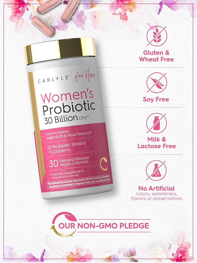 Carlyle Women's 30 Billion CFU Probiotic | 22 Strains plus Cranberry for Healthy Vaginal ph and Yeast Balance | 30 Capsules | Vegan, Non-GMO and Gluten Free | For Her