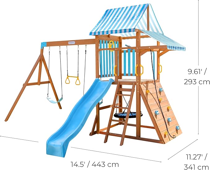 Teamson Kids Laguna Wooden Swing Set with Slide & Climbing Wall, Solid Wood, Natural and Aqua