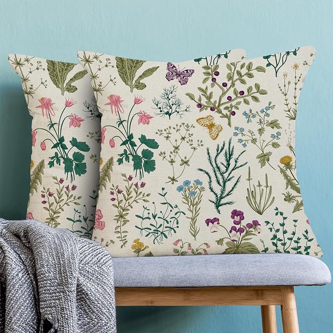 AEIOAE Spring Pillow Covers 16x16 Inch Set of 2,Sage Green Teal Wild Flower Plant Throw Pillows Case,Seasonal Floral Outdoor Decorative Linen Farmhouse Decor Cushion Covers for Home Sofa Bed Couch