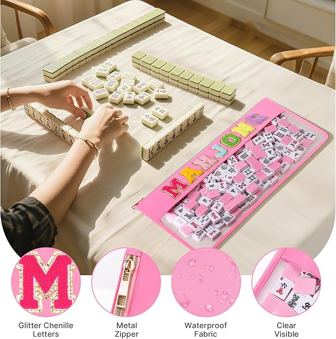eurovicky Clear Waterproof Mahjong Bag, Empty Mahjong Tile Bag with Zipper Mahjong Case for American Mahjong Set, Case Only (Sweet Pink)