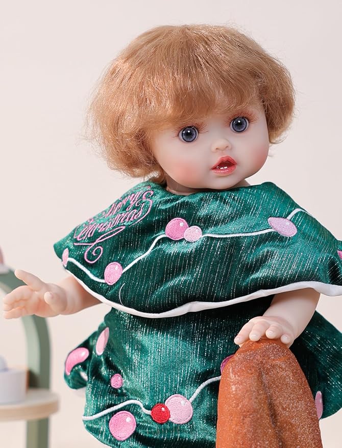 Baby Dolls, 18 Inch Realistic Reborn Full Vinyl Baby Doll with Curly Hair, Hand-Painted Lifelike Details & Cozy Outfit for Girls Ages 3+, Pretend Play, Display & Collection (Green)