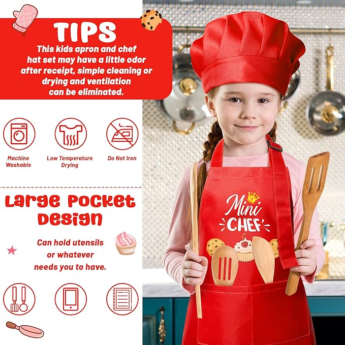 R HORSE Kid Apron and Chef Hat Set - 2Pcs Red Mini Chef Adjustable Children Kitchen Toddler Apron for Girls Boys, Funny Dress up Pretend Play Toy Birthday Gift for Kids Cooking Baking Painting