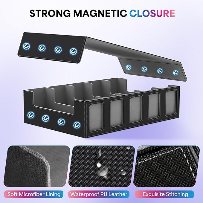 UAONO Trading Card Storage Box with Commander Display;3900+ Card Box for MTG, Removable Cover; 5 Row Case fits MTG TCG Sports Cards 48 Dividers,5 Stoppers,5 Top Loaders,1 Dice Box(Black, Grey)