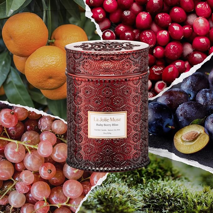 LA JOLIE MUSE Ruby Berry Bliss Scented Candles for Home,19 oz Natural Soy | Christmas Winter Holiday Decor, Large Luxury Red Jar Candle, Clean Non Toxic, Gift for Women,Men, Wood Wick, Orange,Cranberry