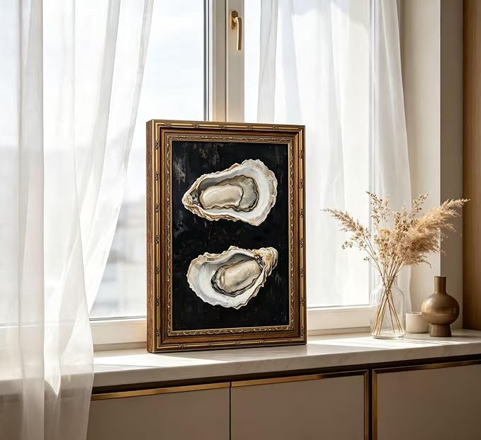 Vintage Gold Framed Oyster Wall Art Dark Moody Seafood Shell Shel Painting Canvas Print Black Background Seafood Still Life Picture Wall Decor Oyster Paintings Poster Artwor for Kitchen Dining