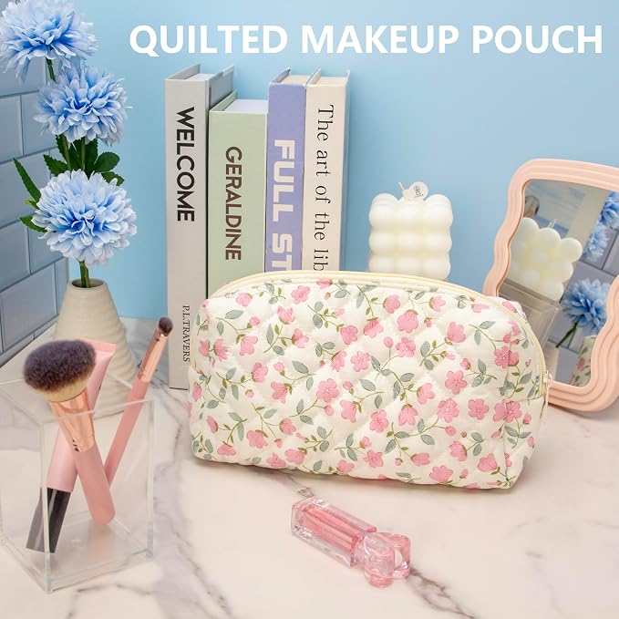 PAZIMIIK Small Quilted Makeup Bag,Zipper Cosmetic Pouch,Floral Pink,6 Pack | Lightweight Cosmetic Bag Organizer for Women,Purse Storage Holds Makeup,Toiletries,Skincare,Beauty Essentials,Travel Items