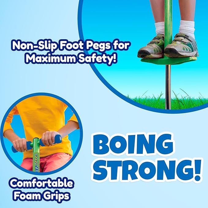 Geospace Jumparoo BOING! JR. Steel POGO STICK by Air Kicks, Small for Kids 50 to 90 Lbs - Active Play Outdoor Fun that Promotes Exercise & Balance Skills (Green)