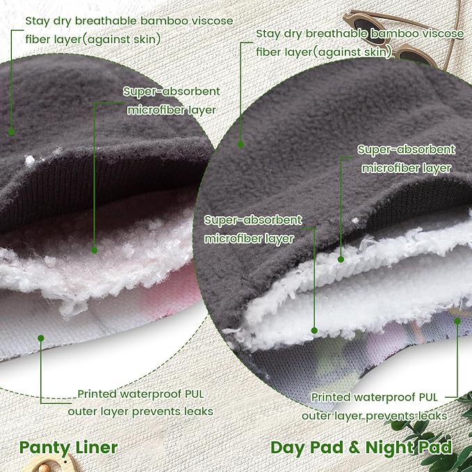 LUCKYPADS Reusable Menstrual Pads, 10 Pcs Washable Cloth Sanitary Pads & Panty Liners for Women with Wet Bag & Laundry Bag, Super Absorbent, 3 Sizes (7.9”/10”/13.7”) for Light to Overnight Flow