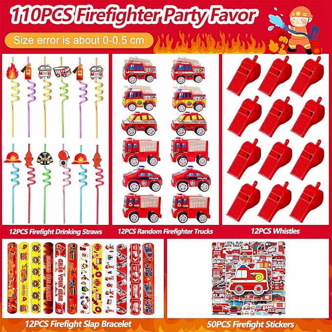 Fire Truck Party Favors Set - 110 Pcs with Firefighter Stickers, Slap Bracelets, Drinking Straws & More for Firefighter Themed Birthday Party
