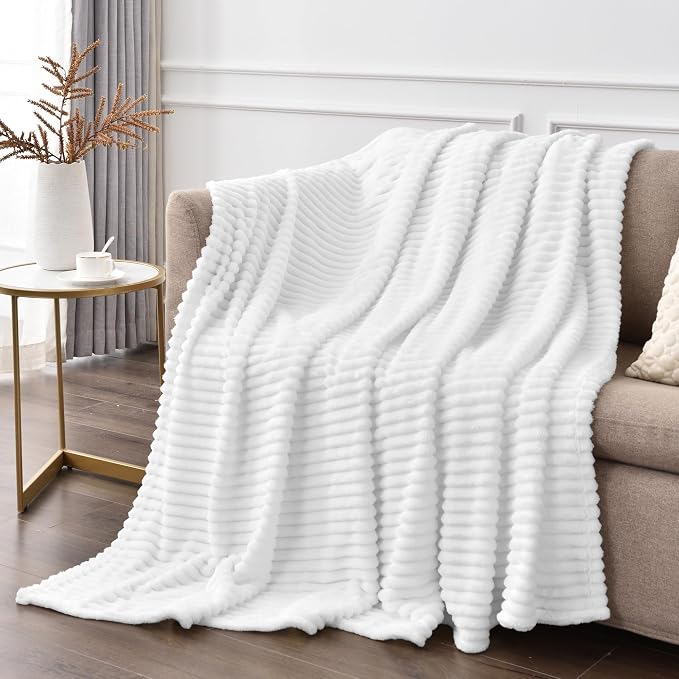 BEDELITE 3D Ribbed Jacquard White Fleece Twin Blanket for Bed, 60x80 Inch | Soft Warm Decorative Fluffy Blanket, Cozy Plush Lightweight Fuzzy Throw Blanket for Couch Sofa Room Decor, Gift for Women