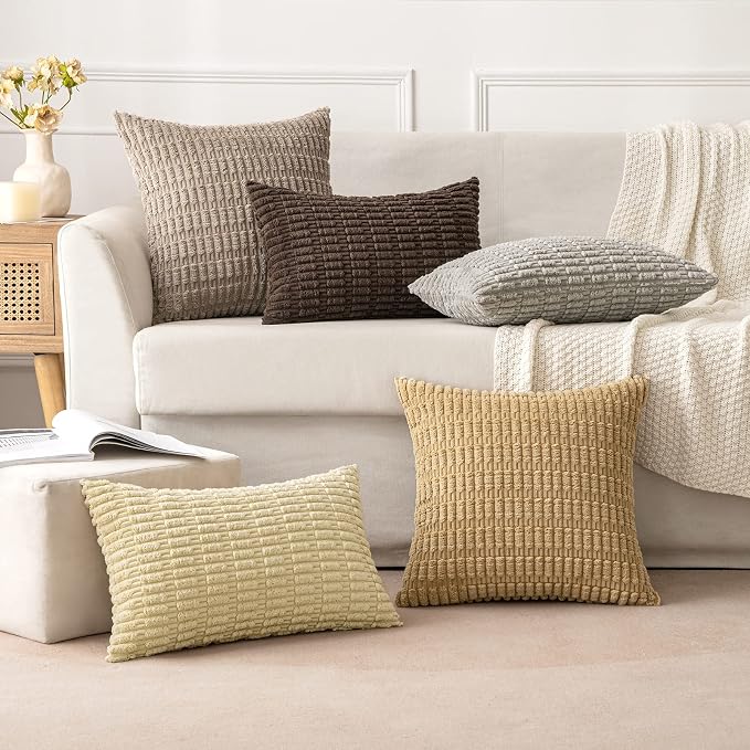 MIULEE Lumbar Corduroy Decorative Throw Pillow Covers 12x20 Beige Pack of 2 | Soft Boho Striped Pillow Covers Modern Farmhouse Home Decor For Sofa Living Room Couch Bed