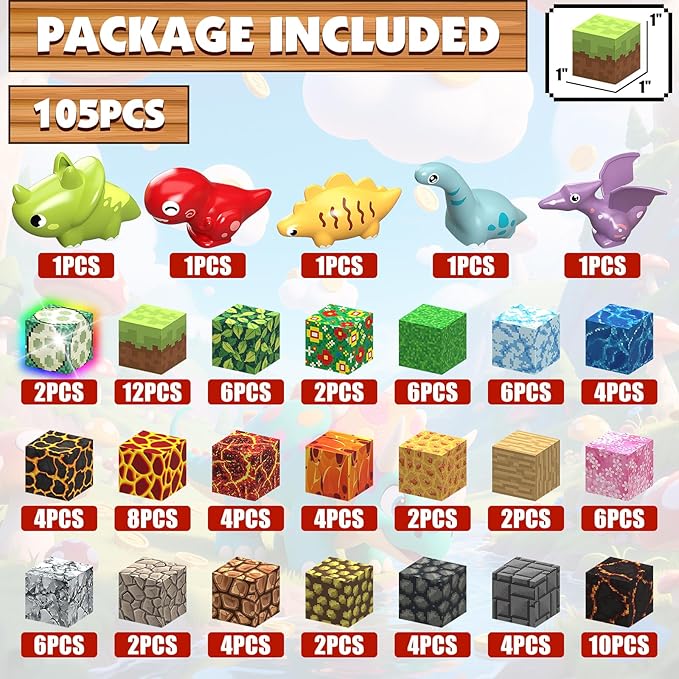 Magnetic Blocks Building Toys, 1" Light Up Dinosaur Building Blocks Magnet Cubes Tiles for Toddlers Boys Girls 3+, Build Jurrasic Scenes STEM Sensory Construction Toys