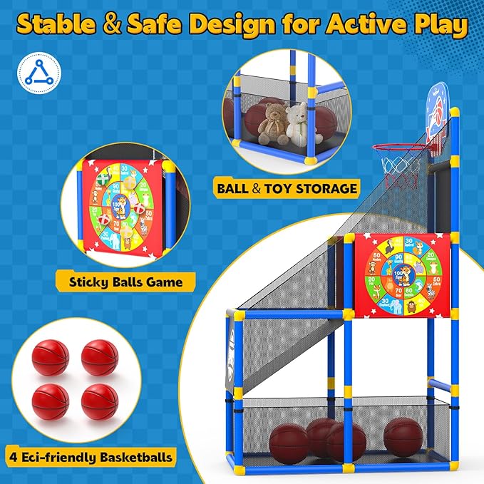 EagleStone 2-in-1 Kids Arcade Basketball Hoop with Dart Board,4 Balls Adjustable Height Basketball Toy Indoor Outdoor Carnival Games Gift for Boys Girls Toddlers Ages 3-12 Years Old,Pump Included