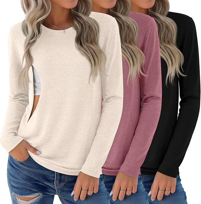 3 Pack Nursing Tops for Breastfeeding Maternity Shirts Zipper Long Sleeve Round Neck Knit Casual Nursing Clothes