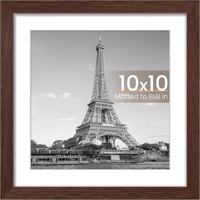 upsimples 10x10 Picture Frame, Display Pictures 8x8 with Mat or 10 x 10 Without, Wall Hanging Square Frames, Brown, 1 Pack