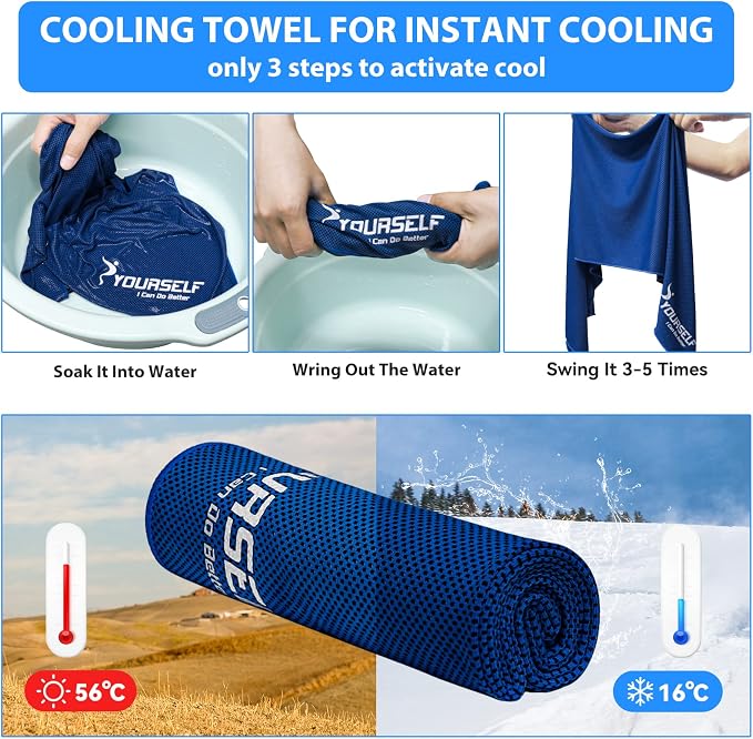 SYOURSELF Cooling Towels for Neck and Face, 4 Pack 40" x 12" Cooling Towel for Hot Weather, Soft Breathable Instant Cool Chilly Pad for Sports Golf Yoga Gym Athletes Camping Ice Towels(Dblue)