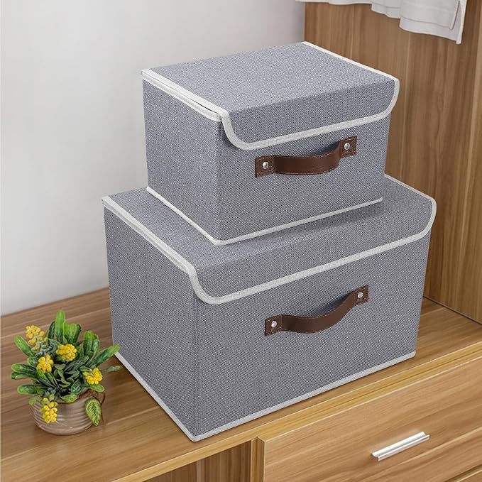 ANMINY Fabric Storage Box Bins with Lids, Gray, 13"x9"x7.9", 2 Pack | Keepsake Memory Storage, Cotton Linen, PP Board Reinforced, Washable, PU Handles, Foldable & Stackable, Decorative, Medium