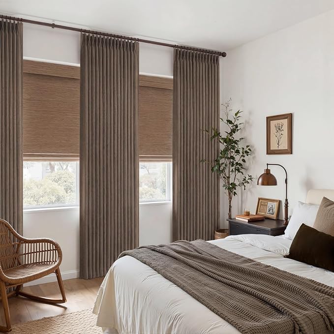 Pinch Pleated Dark Brown Semi Sheer Curtains 84 Inches Long for Living Room, Memory Trained Thick Linen Farmhouse Windows Drapes Light Filtering Privacy Bedroom Curtain 84 Inch Length 2 Panels Set