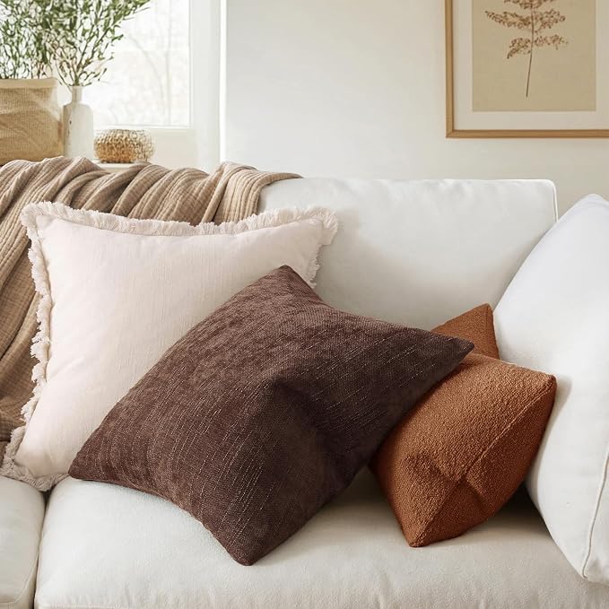 MIULEE Textured Chenille Throw Pillow Covers 22x22 Inch Red Brown | Pack of 2 Decorative Soft Throw Pillows, Solid Textured Cushion Covers, Modern Home Decor for Couch Sofa Bedroom Living Room