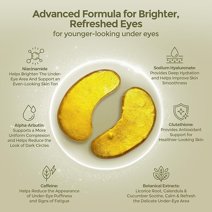 19/90 Under Eye Patches for Dark Circles & Puffiness – Hydrogel Eye Masks with Caffeine, Niacinamide & Collagen – Helps Reduce the Look of Bags & Fine Lines, Gold, (30 Pairs)