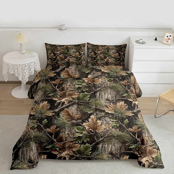 Erosebridal Camo Hunting Comforter Set Toddler Size Rustic Camouflage Bedding Set for Kids Boys Girls Woodland Cabin Tree Leaves Comforter Camping Farm House Quilt Bedroom Decor