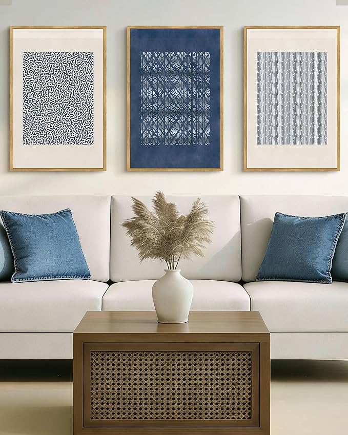 Drsoum Blue Mid-Century Modern Framed Wall Art Large 16x24in Minimalist Abstract Boho Wall Decor Geometric Artwork Kitchen Dining Room Natural Framed