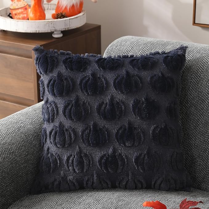 DFXSZ Fall Pillow Covers 18x18 2Pcs Navy Blue Pumpkin Fall Decorations | Fall decor Set of 2 Throw Pillow Cases Soft Plush Faux Fur Wool Couch Cushion for Chair Sofa Bedroom Living Room Home Decor