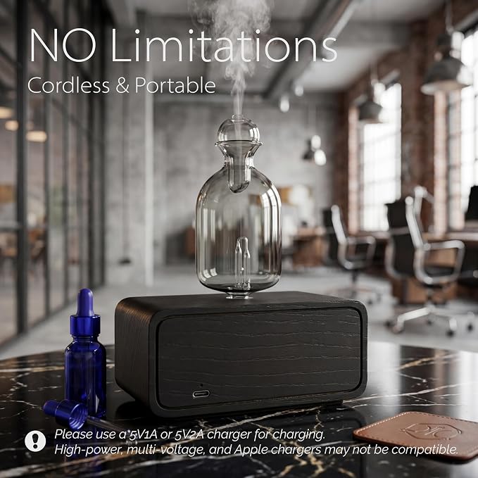 NUIT Waterless Essential Oil Diffuser with Real Wood Base for Aromatherapy, Retro Smoky Glass Oil Diffuser, Cordless Portable Scent Diffuser Machine for Office, Reading Corner, 2026 Model