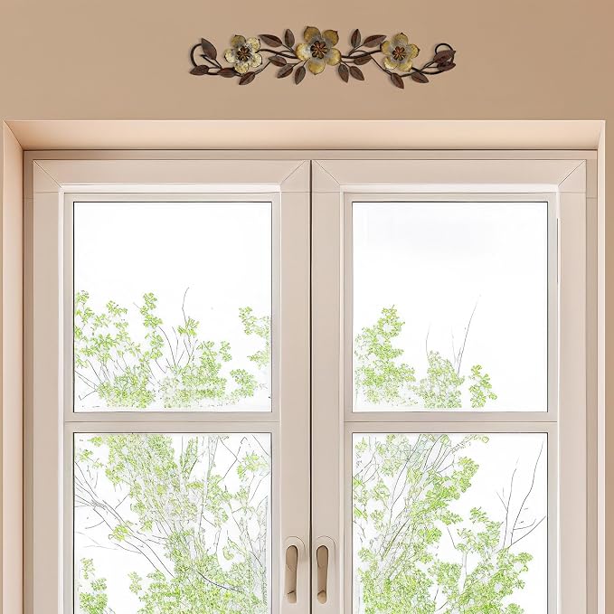 Wesiti Metal Flower Wall Decor Vintage Metal Flower Wrought Iron Scroll Sculpture 15.7''x3.7'' Not 3D, Flat Farmhouse Leaf Wall Decor with Nails for Summer Bedroom Kitchen Indoor Outdoor(Gold)