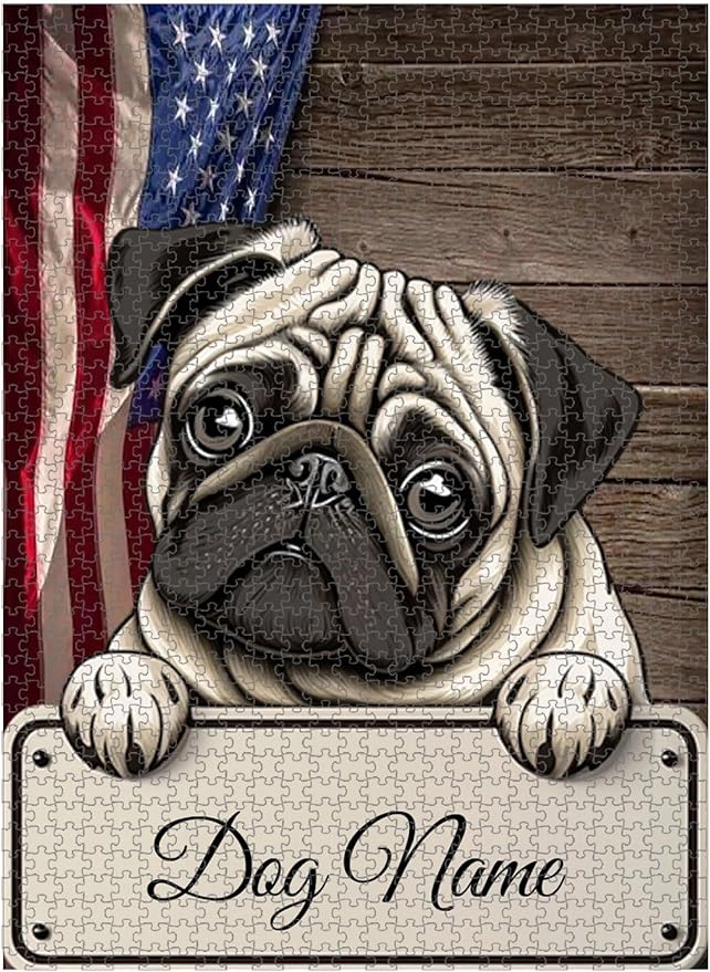 Custom Wooden Jigsaw Puzzles with Your Dog's Name on Pug Art Print - 300 500 1000PCS Puzzles Game and Home Wall Decor