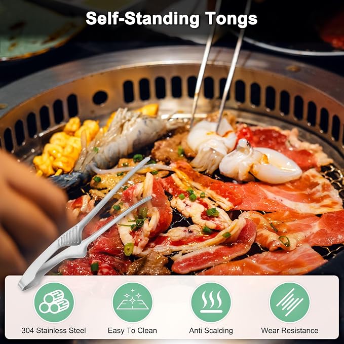 M METERXITY 5 Pcs Korean and Japanese BBQ Tongs 9.5 Inch Barbecue Tongs 304 Stainless Steel Kitchen Self-Standing Grill Non-Slip for Grill/Salad/Camping/Cooking [Silver]