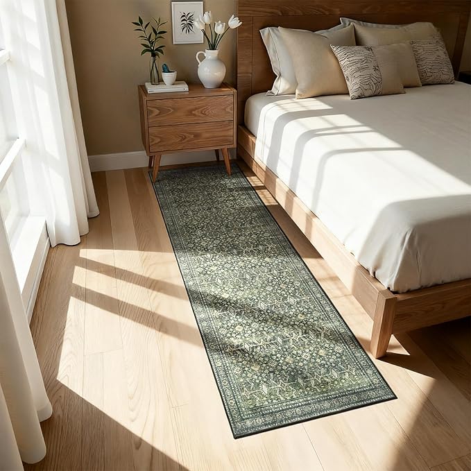 2'6"x12' Area Rugs for Hallways, Green Washable Non-Slip Kitchen Runner Rug | Low Pile Runner Rugs, Soft Carpet for Kitchen Bathroom Bedroom Laundry, Stain Resistant Foldable Vintage Distressed Rug
