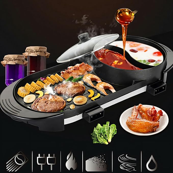 Electric Hot Pot Grill Combo 1500W Black | 2-in-1 Korean BBQ Shabu Shabu Cooker with Yin-Yang Divider, Large Capacity Separate Temp Control for Family Gatherings Indoor